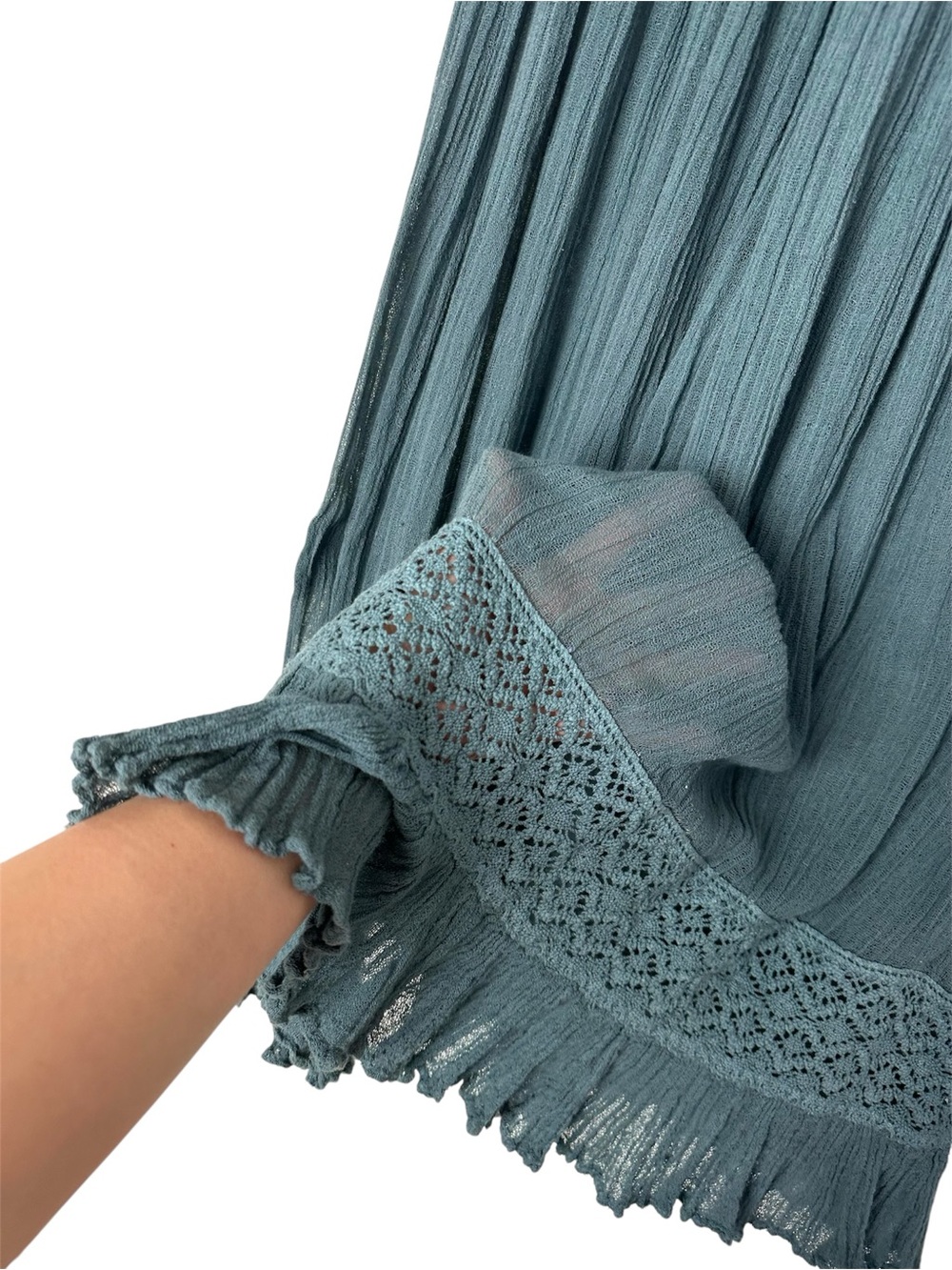 Boho Teal Gauze Crochet Maxi Skirt Sheer Beachy Swim Cover Up Earthy Goblincore - Picture 4 of 9